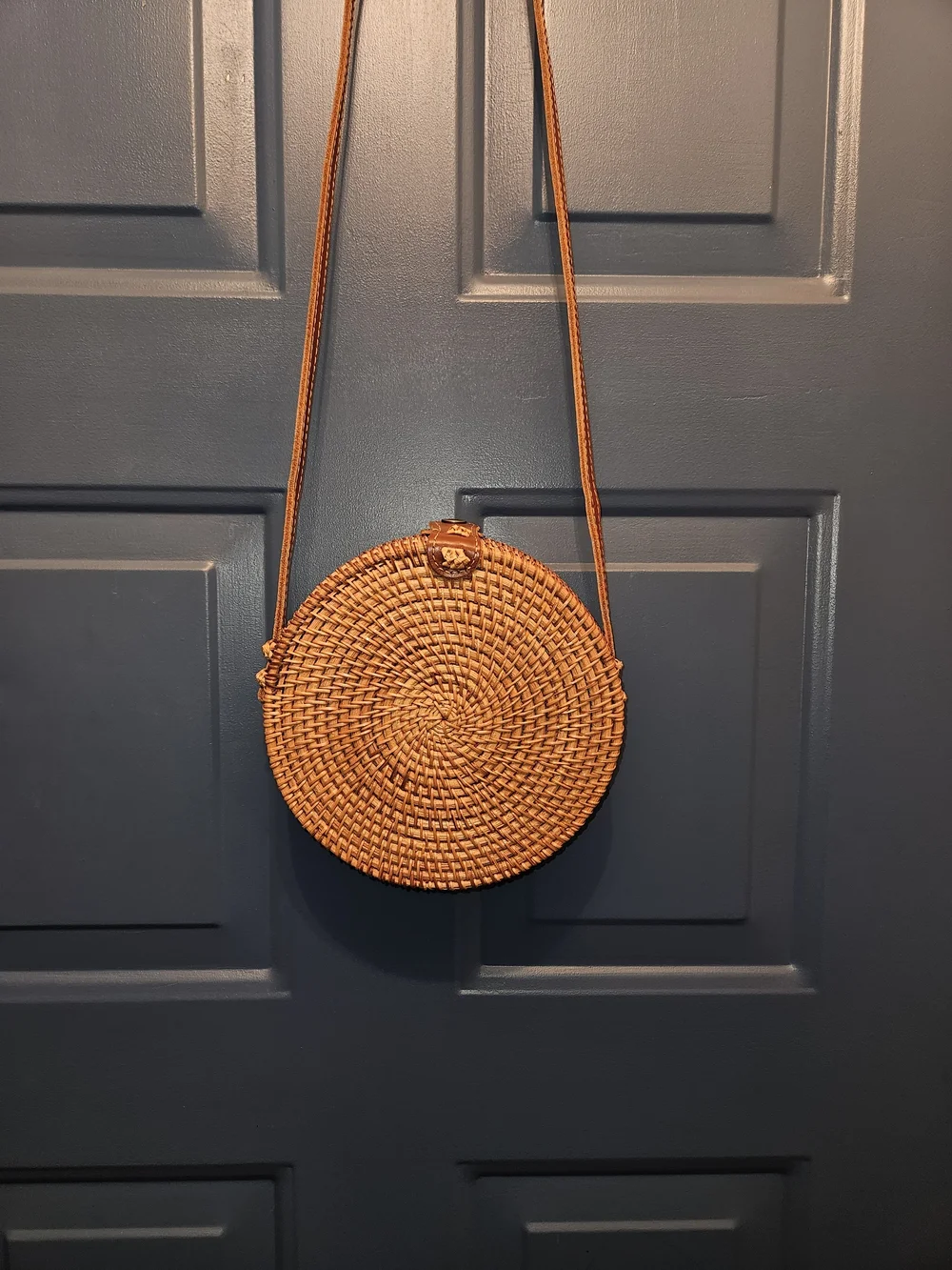 Round Woven Crossbody Boho Bag in Natural Tan.